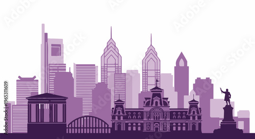 Purple cityscape with iconic buildings and statue