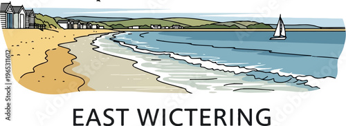 Seaside scene with beach huts, a sailboat, and rolling hills