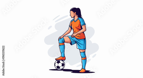Female soccer player in uniform with one foot on a ball