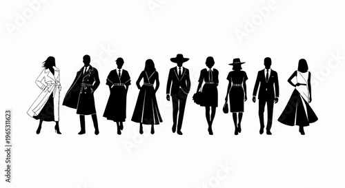 Diverse silhouettes of elegantly dressed individuals in various formal attire