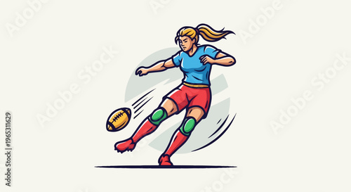 Female athlete in motion, kicking an oval ball in a stylized illustration