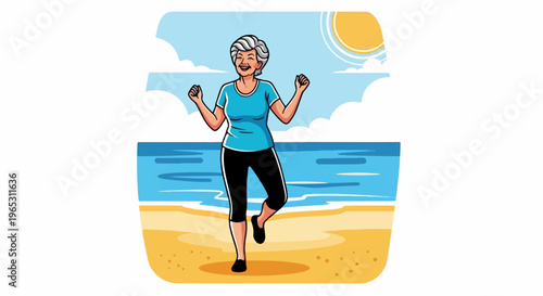 Elderly woman happily exercising on a sunny beach with ocean