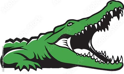 Ferocious green alligator with jaws wide open, baring sharp teeth