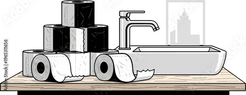 Rolls of paper and sink on wooden shelf, city silhouette in background
