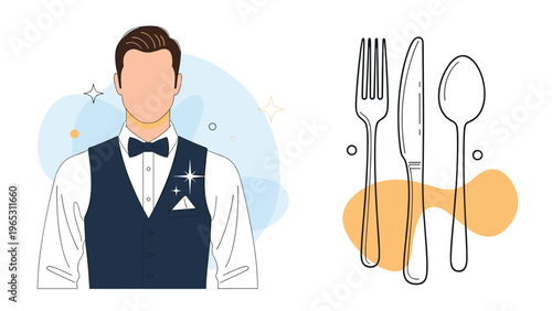 Professional waiter in a vest and bow tie is presented alongside an outline of basic table cutlery including a fork, knife, and spoon.