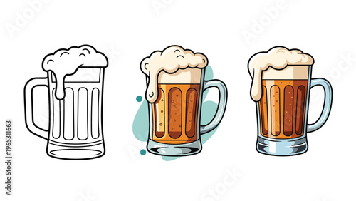 Three versions of a full beer mug with thick frothy foam are shown as a line drawing, a flat color icon, and a more detailed illustration.