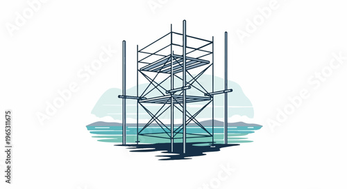 Scaffolding structure at waterfront with distant hilly landscape
