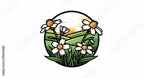 Round emblem with daisies, grassy hills, and a bright sunset