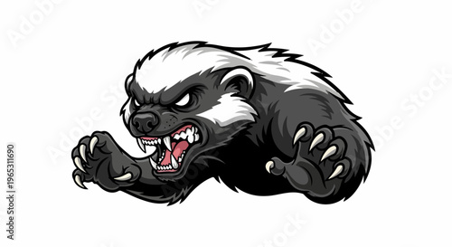 Ferocious, grey and white striped badger with bared teeth, sharp claws
