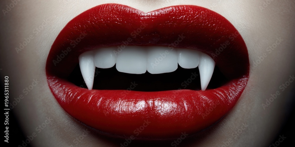Obraz premium Close up of red lips with sharp white vampire fangs showing, a symbol of horror and the supernatural
