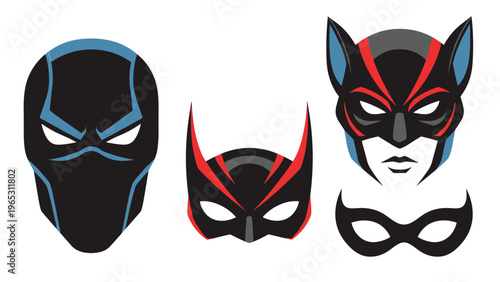 Superhero mask collection featuring various designs for comic book characters and crime fighters includes full head and eye mask styles.