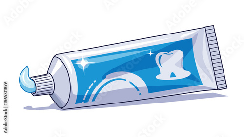 Realistic illustration of a tube of toothpaste with a squeeze of fresh blue paste coming out and a white tooth icon on the label.