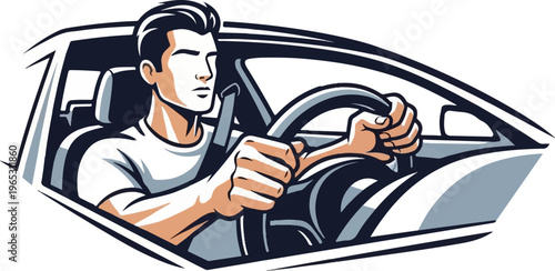 Focused man driving a vehicle with his hands on the steering wheel