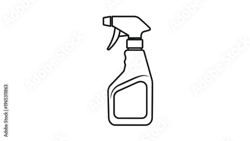 Plastic spray bottle with a trigger nozzle is presented as a clean black and white outline drawing suitable for cleaning product icons.