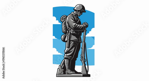 somber soldier memorial statue with rifle and backpack