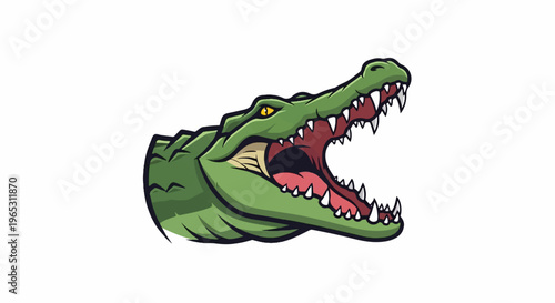 Fierce green reptile head with mouth open showing sharp teeth