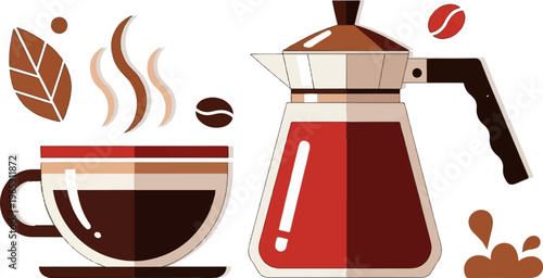 Flat illustration of a coffee cup and moka pot with coffee beans