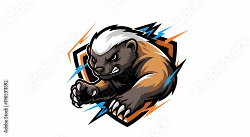 Fierce honey badger in aggressive pose, surrounded by energetic lightning bolts