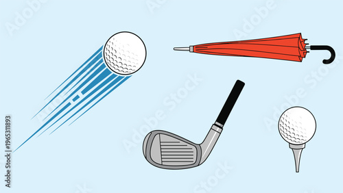 Golf sports equipment set featuring a flying golf ball, red umbrella, golf club iron, and a ball resting on a white tee.