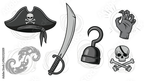 Collection of pirate themed elements including a tricorne hat with skull, cutlass sword, hook, severed hand, and jolly roger.