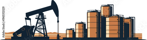 Oil pumpjack and storage tanks in a barren landscape