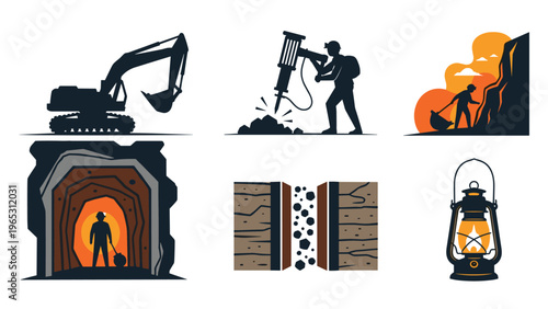 Mining industry silhouettes showing heavy machinery, workers with jackhammers, tunnels, geological layers, and a traditional lantern.