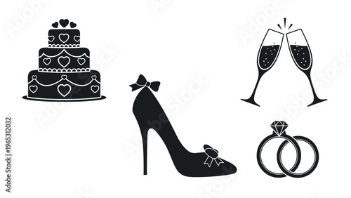 Elegant wedding icons in black silhouette featuring a three-tier heart cake, high heel shoe, champagne flutes, and diamond rings.
