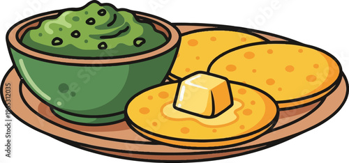 Green dip with chips and butter on a round platter