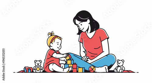 Mother and baby sit on floor playing with colorful blocks and teddy bears