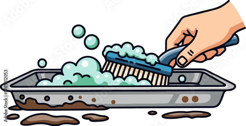 Hand scrubs dirty basin with foamy brush and bubbles spilling