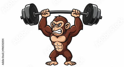 Muscular cartoon gorilla lifting weights with intense effort