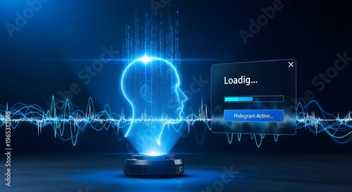 Futuristic digital human silhouette with processing interface, medical AI data visualization, biometric scanning and health optimization concept
