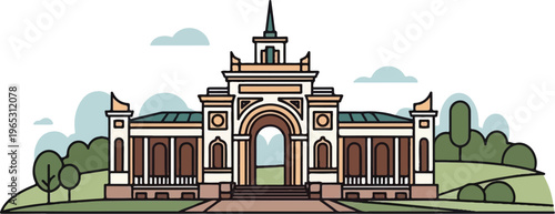 Stylized classical building with arched entrance, columns, and surrounding greenery