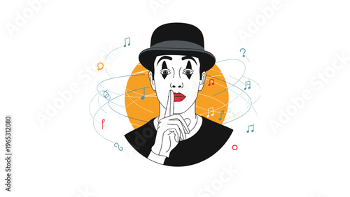 Mime artist wearing a bowler hat and white face makeup holding a finger to his lips in a silence gesture with music notes.