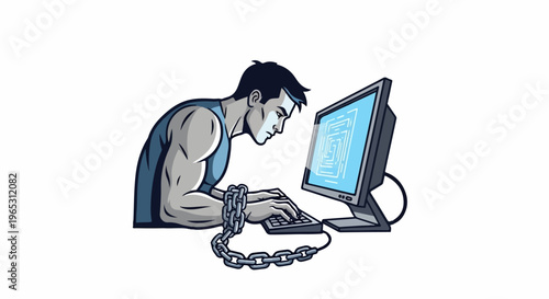 Man chained to computer, engrossed in maze on screen