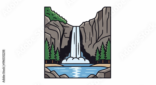 Majestic waterfall cascades down rocky cliffs into a serene blue pool