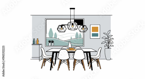 Modern dining room with minimalist decor and abstract art