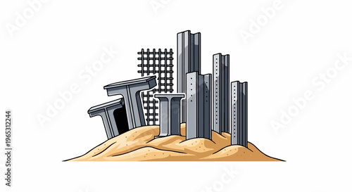 Metal beams and rebar rising from a sandy mound