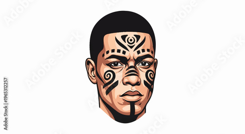 Stylized portrait of a young man with intricate tribal face markings