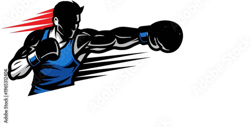 Muscular boxer in blue tank top throwing a punch, dynamic motion lines