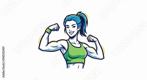 Muscular female fitness enthusiast with blue hair flexing