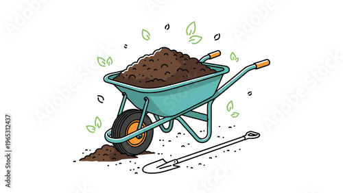 Teal metal wheelbarrow filled with dark soil and a shovel lying nearby with green leaves floating in the air.