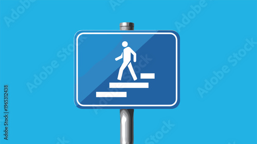 Blue rectangular road sign showing a white silhouette of a person walking down stairs on a metal post against a blue sky.