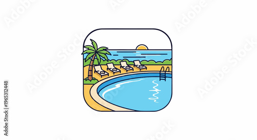 Tropical resort pool with palm trees, loungers, and ocean view at sunset