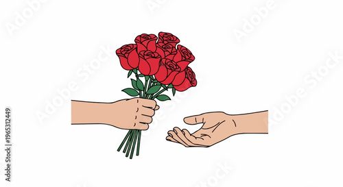 One hand offers a bouquet of red roses to another outstretched hand