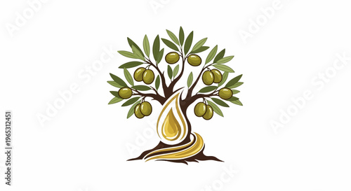 Olive tree with ripe olives and golden oil drip graphic