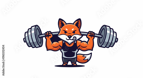 Muscular fox character lifting a heavy barbell with determination