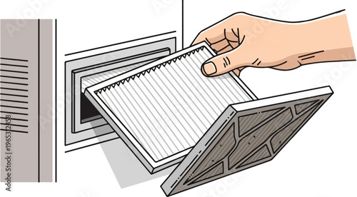 Hand removing an air filter from a vent for maintenance or replacement