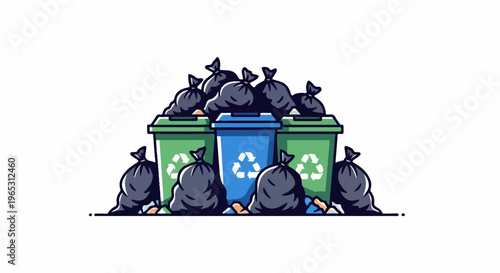 Overflowing trash bins and garbage bags piled high on a white background