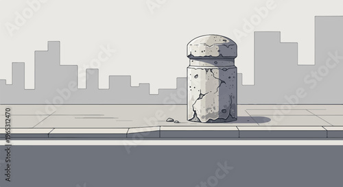Gray concrete bollard on pavement, with city skyline background